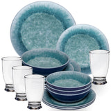 Melamin Geschirr Set Adria Blue für 4 Personen - 16 Teile Blau - mit klarem Trinkglas 380 ml aus Acryl Steingutoptikgeschirr