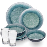 Melamin Geschirr Set Adria Blue für 2 Personen - 8 Teile Blau - mit klarem Trinkglas 400 ml aus Acryl Steingutoptik Campinggeschirr Camping