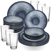 Melamin Geschirr Set Jesolo Grau für 6 Personen - 24 Teile - mit klarem Trinkglas 300ml - aus Acryl Steingutoptik Campinggeschirr