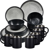 Melamin Geschirr Set Grau Schwarz für 6 Personen 24 Teile mit Edelstahl Thermo Tassen doppelwandig - Tonoptik Essgeschirr - Campinggeschirr Picknick ideal für Camping modern Outdoor
