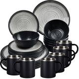 Melamin Geschirr Set Grau Schwarz für 6 Personen 24 Teile mit Edelstahl Thermo Tassen doppelwandig - Tonoptik Essgeschirr - Campinggeschirr Picknick ideal für Camping modern Outdoor