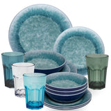 Melamin Geschirr Set Adria Blue für 4 Personen - 16 Teile Blau - mit farblich passenden Trinkgläsern 400 ml aus Acryl Steingutoptik Campinggeschirr