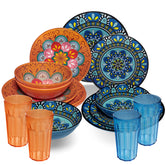 Melamin Geschirr Set Toskana Pastel für 4 Personen - 16 Teile - Orange-Blau - Mandala-Optik mit farblich passenden Trinkgläsern 630 ml aus Acryl Campinggeschirr