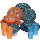 Melamin Geschirr Set Toskana Pastel für 4 Personen - 16 Teile - Orange-Blau - Mandala-Optik mit farblich passenden Trinkgläsern 630 ml aus Acryl Campinggeschirr