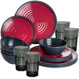 Melamin Geschirr Set Rot für 4 Personen 16 Teile mit Trinkglas Grau Tonoptik - Essgeschirr Acryl Wasserglas - Campinggeschirr
