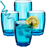 Melamin Geschirr Set Jesolo Blau für 4 Personen - 16 Teile - mit farblich passenden Trinkgläsern 320ml aus Acryl Campinggeschirr