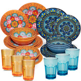 Melamin Geschirr Set Toskana Pastel für 6 Personen - 24 Teile - Orange-Blau - Mandala-Optik mit farblich passenden Trinkgläsern 400 ml aus Acryl Spülmaschinengeeignet Campinggeschirr