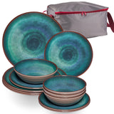 Melamin Geschirr Set Jesolo Grün für 4 Personen - 13 Teile - mit Aufbewahrungstasche Steingutoptik Spülmaschinengeeignet - Essgeschirr Campingzubehör Campinggeschirr Wohnwagen Camping