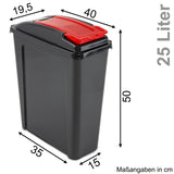 4x 25 Liter Mülltonne Schwarz-Gelb-Blau-Grün-Rot Recyclingtonne 19x40x50cm mit abnehmbarem Klappdeckel - Schmal Küche Mistkübel Trash Bin Gelber Sack Groß Küchenabfalleimer Papiermülleimer