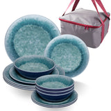 Melamin Geschirr Set Adria Blue für 4 Personen - 13 Teile Blau - mit Aufbewahrungstasche Steingutoptik - Essgeschirrgeschirr