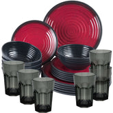 Melamin Geschirr Set Rot für 6 Personen 24 Teile mit Trinkglas grau Tonoptik - Essgeschirr Acryl Wasserglas - Campinggeschirr
