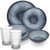 Melamin Geschirr Set Jesolo Grau für 2 Personen - 8 Teile - mit klarem Trinkglas 580ml - aus Acryl Steingutoptik Campinggeschirr Camping