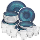 Melamin Geschirr Set Jesolo Blau für 6 Personen - 24 Teile - mit klarem Trinkglas 250ml aus Acryl Steingutoptik Campinggeschirr