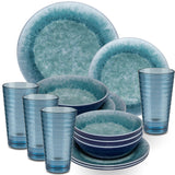 Melamin Geschirr Set Adria Blue für 4 Personen - 16 Teile Blau - mit blauem Trinkglas 400 ml aus Acryl Steingutoptikgeschirr