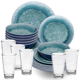 Melamin Geschirr Set Adria Blue für 6 Personen - 24 Teile Blau - mit klarem Trinkglas 400 ml aus Acryl Steingutoptik Campinggeschirr