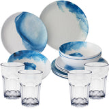 Melamin Geschirrset für 4 Personen - 16 Teile mit Trinkglas klar elegante Steingut Optik in weiss-blau Essgeschirr Wasserglas