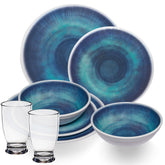 Melamin Geschirr Set Jesolo Blau für 2 Personen - 8 Teile - mit klarem Trinkglas 380ml - aus Acryl Steingutoptik Campinggeschirr