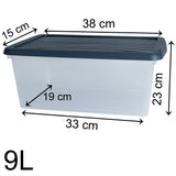 AUFBEWAHRUNGSBOX - 9 Liter - Aufbewahrungsbox mit Deckel - 38x23x15cm transparent Navy Blau - stapelbar - Kunststoff Box Stapelkiste Büro Storage Aufbewahrung Flach