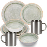 Melamin Geschirr Set Smaragd Grün für 2 Personen - 8 Teile - mit Edelstahl Thermo Tassen Steingutoptik Spülmaschinengeeignet Essgeschirr Campingzubehör Campinggeschirr Wohnwagen Camping Festival Picknick Gartenparty