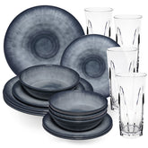 Melamin Geschirr Set Jesolo Grau für 4 Personen - 16 Teile - mit klarem Trinkglas 450ml aus Acryl Steingutoptik Campinggeschirr