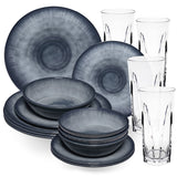 Melamin Geschirr Set Jesolo Grau für 4 Personen - 16 Teile - mit klarem Trinkglas 450ml aus Acryl Steingutoptik Campinggeschirr