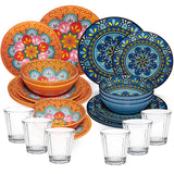 Melamin Geschirr Set Toskana Pastel für 6 Personen - 24 Teile - Orange-Blau - Mandala-Optik mit klaren Trinkgläsern 360 ml aus Acryl Spülmaschinengeeignet Campinggeschirr