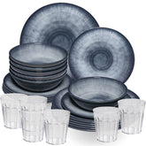 Melamin Geschirr Set Jesolo Grau für 6 Personen - 24 Teile - mit Trinkglas 250 ml klar - Steingutoptik Campinggeschirr