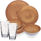 Melamin Geschirr Set Bambi Braun für 2 Personen - 8 Teile mit klaren Trinkgläsern 460 ml aus Acryl Steingutoptik Campinggeschirr