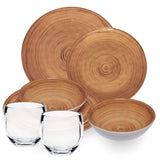 Melamin Geschirr Set Bambi Braun für 2 Personen - 8 Teile mit klaren Trinkgläsern 400 ml aus Acryl Steingutoptik Campinggeschirr