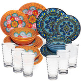 Melamin Geschirr Set Toskana Pastel für 6 Personen - 24 Teile - Orange-Blau - Mandala-Optik mit klaren Trinkgläsern 400 ml aus Acryl Spülmaschinengeeignet Campinggeschirr