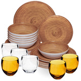 Melamin Geschirr Set Bambi Braun für 6 Personen - 24 Teile mit farblich passenden Trinkgläsern 400 ml aus Acryl Steingutoptik Campinggeschirr