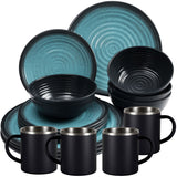 Melamin Geschirr Set Blau Schwarz für 4 Personen 16 Teile mit Edelstahl Thermo Tassen doppelwandig - Tonoptik Essgeschirr - Campinggeschirr Picknick ideal für Camping modern Outdoor