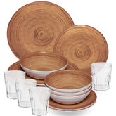 Melamin Geschirr Set Bambi Braun für 4 Personen - 16 Teile mit klaren Trinkgläsern 250 ml aus Acryl Steingutoptik Campinggeschirr