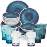 Melamin Geschirr Set Jesolo Blau für 6 Personen - 24 Teile - mit farblich passenden Trinkgläsern 400ml aus Acryl Campinggeschirr