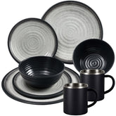 Melamin Geschirr Set Grau Schwarz für 2 Personen 8 Teile mit Edelstahl Thermo Tassen doppelwandig - Tonoptik Essgeschirr - Campinggeschirr Picknick ideal für Camping modern Outdoor