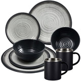Melamin Geschirr Set Grau Schwarz für 2 Personen 8 Teile mit Edelstahl Thermo Tassen doppelwandig - Tonoptik Essgeschirr - Campinggeschirr Picknick ideal für Camping modern Outdoor