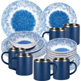 Melamin Geschirr Set Wish Flower Blau für 6 Personen - 24 Teile - mit Edelstahl Thermo Tassen Pusteblume Steingutoptik Spülmaschinengeeignet Essgeschirr Campingzubehör Campinggeschirr Wohnwagen Camping Festival Picknick Gartenparty