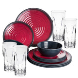 Melamin Geschirr Set Rot für 4 Personen 16 Teile mit Trinkglas Klar Tonoptik - Essgeschirr Acryl Wasserglas - Campinggeschirr