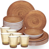Melamin Geschirr Set Bambi Braun für 6 Personen - 24 Teile mit farblich passenden Trinkgläsern 360 ml aus Acryl Steingutoptik Campinggeschirr