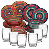 Melamin Geschirr Set Toskana Deep für 6 Personen - 24 Teile Rot-Grün - Mandala-Optik mit klaren Trinkgläsern 320 ml Essgeschirr Campinggeschirr