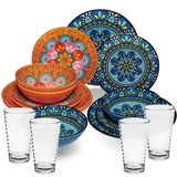 Melamin Geschirr Set Toskana Pastel für 4 Personen - 16 Teile - Orange-Blau - Mandala-Optik mit klaren Trinkgläsern 400 ml aus Acryl Campinggeschirr