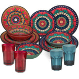 Melamin Geschirr Set Toskana Deep für 4 Personen - 16 Teile Rot-Grün - Mandala-Optik mit farblich passenden Trinkgläsern 400 ml Campinggeschirr