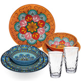 Melamin Geschirr Set Toskana Pastel für 2 Personen - 8 Teile - Orange-Blau - Mandala-Optik mit klaren Trinkgläsern 460 ml aus Acryl Campinggeschirr