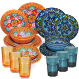Melamin Geschirr Set Toskana Pastel für 6 Personen - 24 Teile - Orange-Blau - Mandala-Optik mit farblich passenden Trinkgläsern 400 ml aus Acryl Spülmaschinengeeignet Campinggeschirr