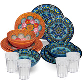 Melamin Geschirr Set Toskana Pastel für 4 Personen - 16 Teile - Orange-Blau - Mandala-Optik mit klaren Trinkgläsern 450 ml aus Acryl Campinggeschirr