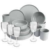 Melamin Geschirr Set mit steilem Rand für 4 Personen - 20 Teile - Campinggeschirr mit Weinglas - grau - Essgeschirr