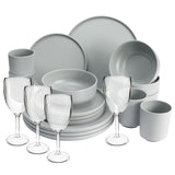 Melamin Geschirr Set mit steilem Rand für 4 Personen - 20 Teile - Campinggeschirr mit Weinglas - grau - Essgeschirr