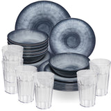 Melamin Geschirr Set Jesolo Grau für 6 Personen - 24 Teile - mit Trinkglas 630 ml klar Steingutoptik Campinggeschirr