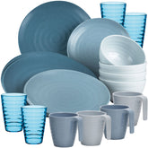 Melamin Geschirr Set 20 Teile elegante Steingut Optik in blau mit Wasserglas Tassen für 4 Personen Essgeschirr Wasserglas