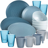 Melamin Geschirr Set 20 Teile elegante Steingut Optik in blau mit Wasserglas Tassen für 4 Personen Essgeschirr Wasserglas